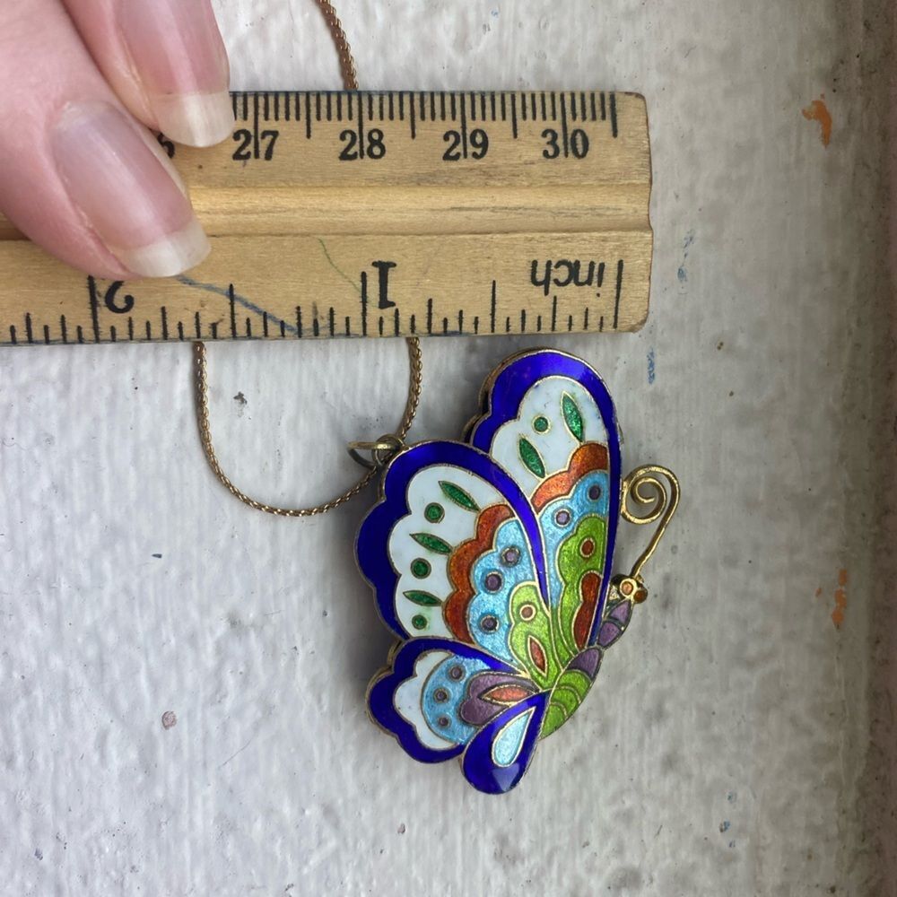 70s butterfly pendant gold tone necklace cloisonne enamel blue green vintage EUC - Picture 6 of 14
